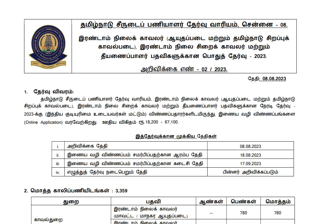 TNUSRB PC Exam Recruitment 2023 Notification