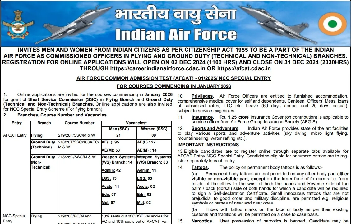 AFCAT vacancy 2024 apply