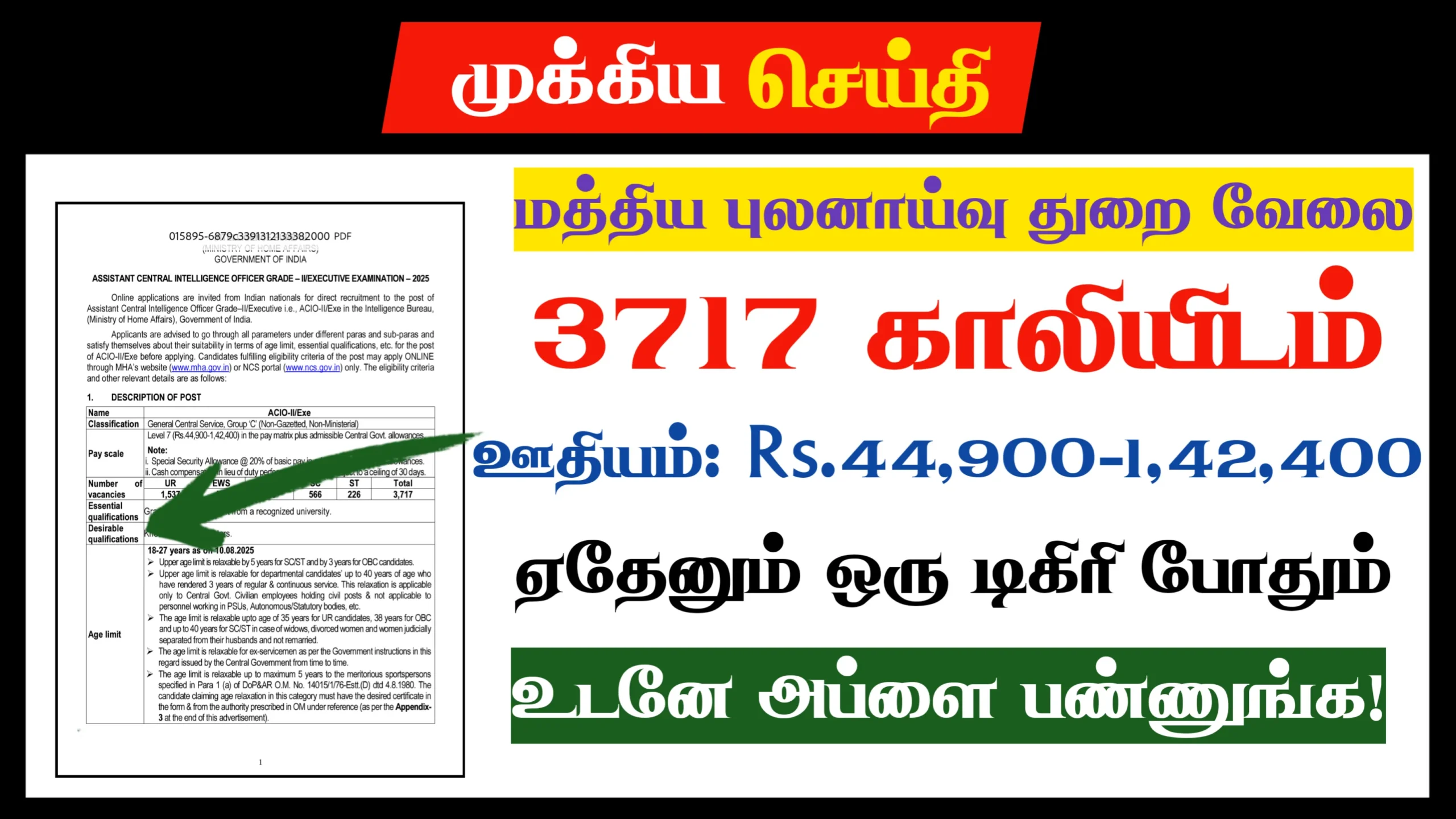 மத்திய புலனாய்வுத் துறையிலிருந்து 3717 காலிப் பணியிடங்கள் அறிவிப்பு